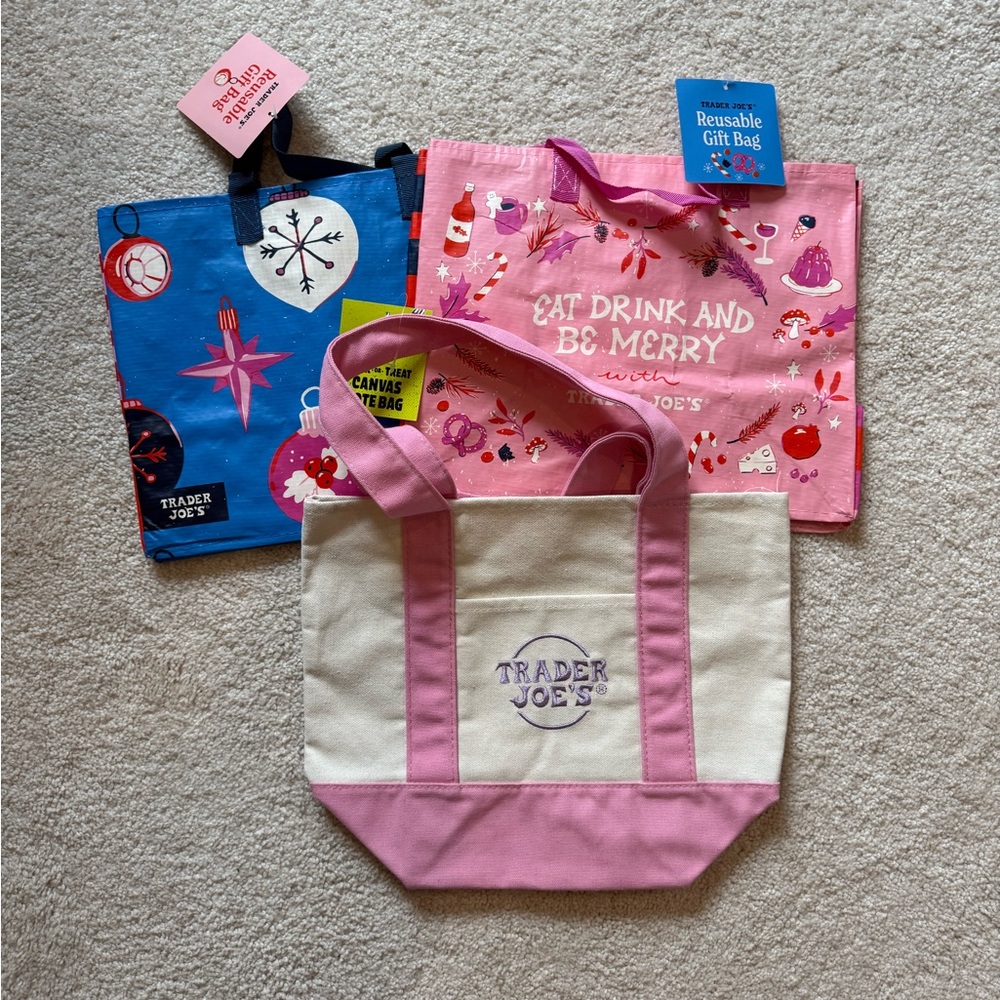 Set: 1 Trader Joe’s Pink & White Mini Tote Bag and 2 Holiday Gift Bags